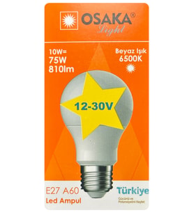 (1 Adet) Osaka 12VOLT 10W (75W) Beyaz Işık (6500K) E27 Duylu (Kalın Duy) Led Ampul