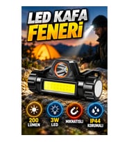 Şarjlı LED Kafa Feneri – 200 Lümen, 3W LED, Mıknatıslı ve IP44 Korumalı