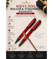 Mat Kırmızı Lüks Kutulu Roller ve Tükenmez Kalem Seti