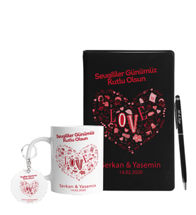 Sevgililer Gününe Özel Ahşap Defter Kalem Kupa & Süblimasyon Anahtarlık Hediye Seti 11