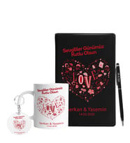Sevgililer Gününe Özel Ahşap Defter Kalem Kupa & Süblimasyon Anahtarlık Hediye Seti 11