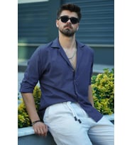 indigo Keten Apaj Yaka Relax Fit Hediye Kutulu Erkek Gömlek