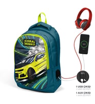 Coral High Kids Nefti Fosforlu Sarı Araba Desenli Üç Bölmeli USB'li Okul Sırt Çantası 24319