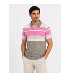Erkek Flamlı Penye Çizgili Polo Yaka Tişört Kısa Kol Yazlık T-Shirt - Gri