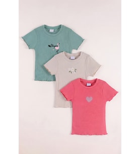 Monox 5-12 Yaş Kız Çocuk 3'lü Nakışlı Fitilli Tshirt Likralı Esnek Yazlık Body Set (Taş)