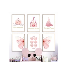 Pembe Prenses Kelebek Sof Harika Kız Temalı Çocuk Odası 6'lı Tablo Set