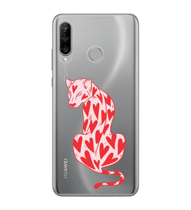 Huawei P30 Lite Uyumlu Çita ve Kalp Desenli Şeffaf Telefon Kılıfı