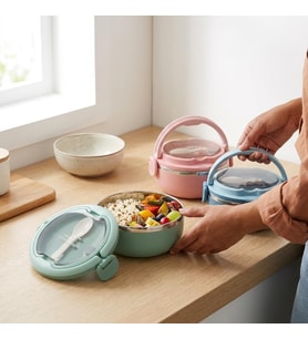 700 ml Paslanmaz Çelik Yemek Kabı, Kaşıklı, Saplı ve Kilitli Yuvarlak Lunch Box, Mavi Yeşil Pembe Renk Seçenekli, 12x11x13cm Kapaklı Saklama ve Taşıma Kabı