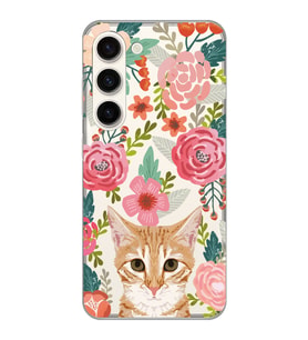 Samsung Galaxy S23 Uyumlu Kedi ve Çiçek Desenli Şeffaf Telefon Kılıfı
