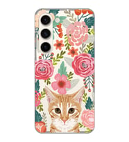 Samsung Galaxy S23 Uyumlu Kedi ve Çiçek Desenli Şeffaf Telefon Kılıfı