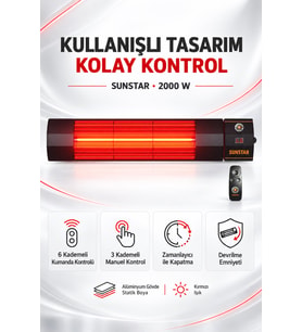 Sunstar Profesyonel 2000 W Kumandalı Halojen Isıtıcı – 6 Kademeli Uzaktan Kontrol, Zamanlayıcı, Devr
