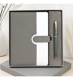 Kişiye Özel Gri Vip Deri Kapaklı Defter Ve Metal Kalem Set