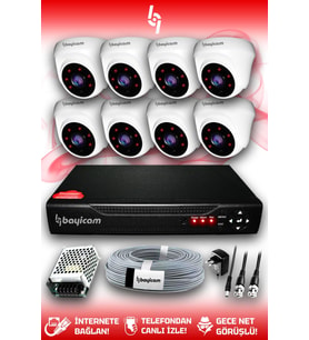 BAYICAM 8 Kameralı Dome 8 İç Kamera Set HDD'siz Full HD Gece Görüşlü Güvenlik Kamerası Sistemi