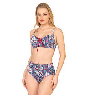 Endeep Kadın Şal Desenli Balenli Toparlayıcı Bikini Takımı (Lacivert)