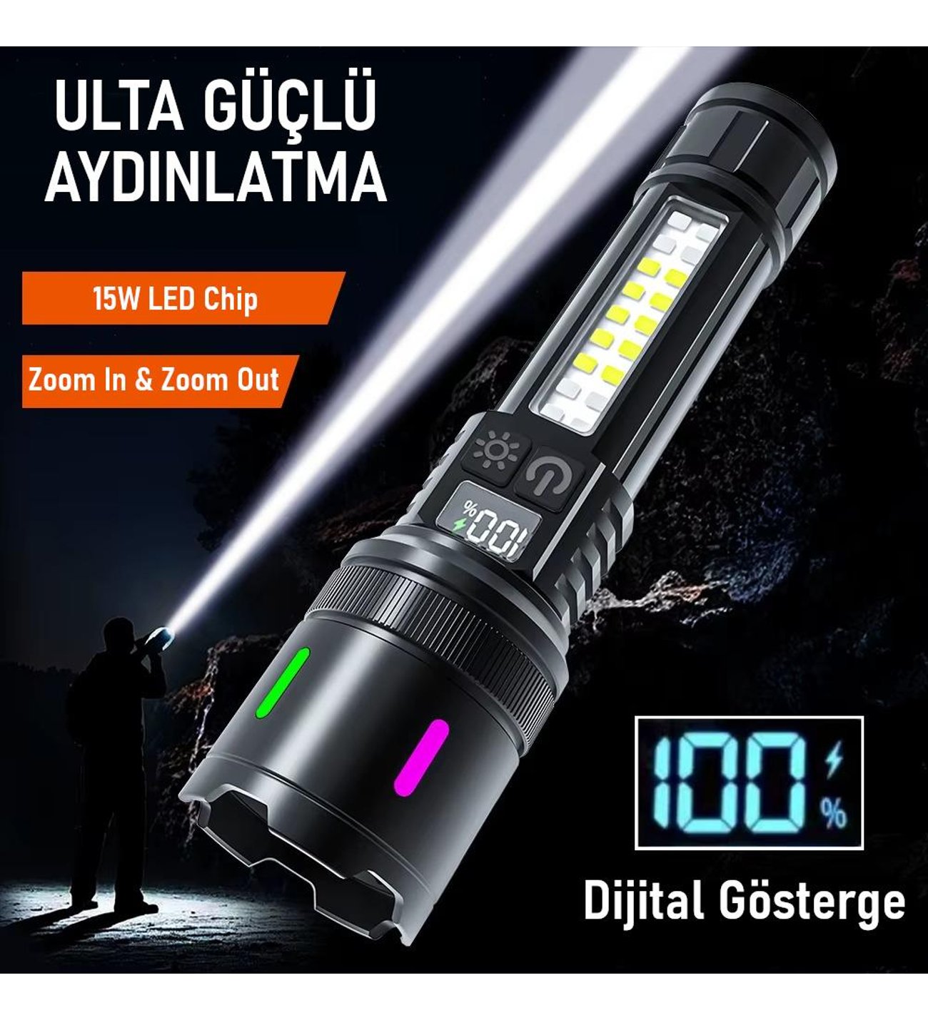 Valkyrie Şarjlı 15W Led 7 Işık Modu Çakarlı Zoom Özellikli Dijital