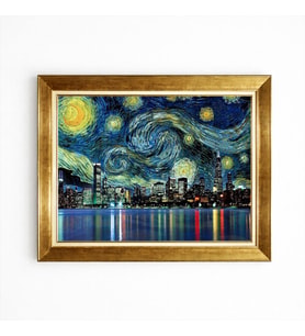 Tablore Van Gogh Yıldızlı Gece Temalı Modern Gece Şehir Silüeti Altın Çerçeveli Tablo