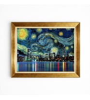 Tablore Van Gogh Yıldızlı Gece Temalı Modern Gece Şehir Silüeti Altın Çerçeveli Tablo