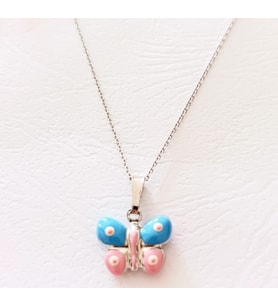 Pembe Mineli  Kelebek Gumus Kolye (Silver)