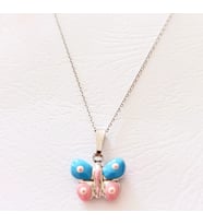 Pembe Mineli  Kelebek Gumus Kolye (Silver)