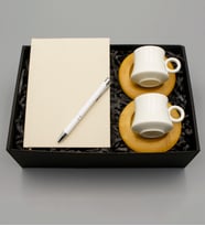 Kanvas Krem Defter & 2'li Bambu Tabaklı Beyaz Fincan & Beyaz Roller Kalem
