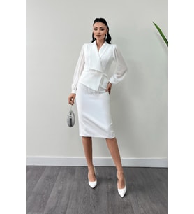 Kruvaze Yaka Taş Detaylı Elbise - BEYAZ