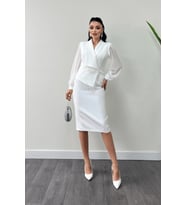Kruvaze Yaka Taş Detaylı Elbise - BEYAZ