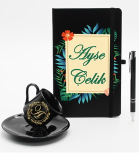 Kişiye Özel Ajanda Defter & Siyah Fincan & Roller Kalem Hediye Seti