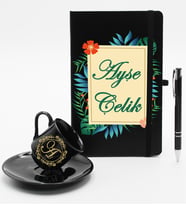 Kişiye Özel Ajanda Defter & Siyah Fincan & Roller Kalem Hediye Seti