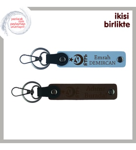 Ayyıldızın Gücüyle Tasarlanan – Kişisel İsimli 2’li Deri Anahtarlık Takımı Hediye, Gök Mavi-Kahve