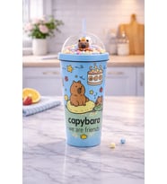 550 ml Capybara Figürlü Pipetli Çocuk Termos Bardak Boncuklu Kubbe Kapaklı Sevimli Matara (Kristal Mavi)