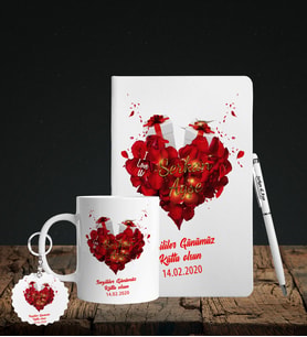 Sevgililer Gününe Özel Defter Kalem Kupa & Süblimasyon Anahtarlık Hediye Seti 32