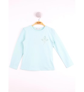 Toontoy Kız Çocuk Göğsü Çiçek Nakışlı T-Shirt (Mint Yeşili)
