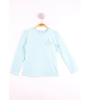 Toontoy Kız Çocuk Göğsü Çiçek Nakışlı T-Shirt (Mint Yeşili)