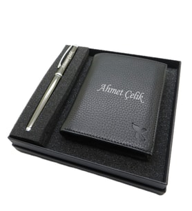 Kişiye Özel Cüzdan ve Kalem Seti  Scrikss Titanyum Kalem + Hakiki Deri & El İşciliği Cüzdan Seti  Hediyelik Set (Karışık)
