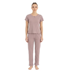 Seamlife Kadın %100 Pamuk Kalp Desenli Kısa Kollu Pijama Takımı 466542 (Lila)