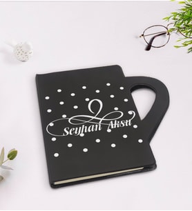 BK Gift Kişiye Özel İsimli Kupa Şeklinde Siyah Termo Deri Defter Model 4
