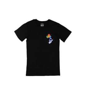 Gezegen Balonlu Astronot Cep Logo Tasarımlı Siyah Tişört