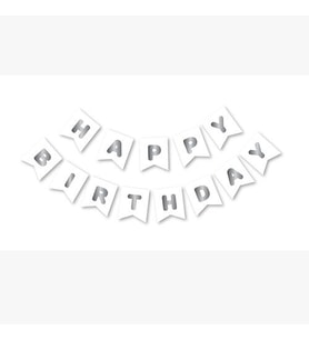 Beyaz Üzeri Gümüş Happy Bırthday Yaldızlı Banner