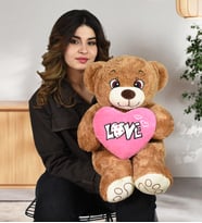 Sevgililer Günü Hediyesi Peluş Ayıcık 80 cm LOVE Yazılı Kalp Yastık ile Romantik Set (Kahverengi)