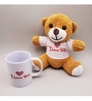 Kahverengi I Love You Tişörtlü Ayıcık ve Baskılı Kupa Seti