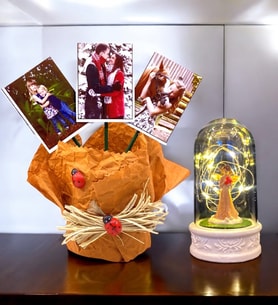 Size Özel 3 Fotoğraflı TURUNCU Saksı ve Led Işıklı Şans Melekli Fanus Seti