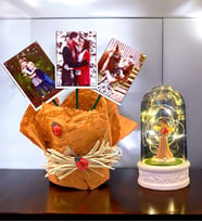 Size Özel 3 Fotoğraflı TURUNCU Saksı ve Led Işıklı Şans Melekli Fanus Seti