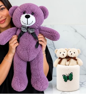 Büyük Boy Mor Peluş Ayıcık ve Peluş Saksıda Ayıcık Buketi Sevgiliye Kadına Arkadaşa Hediye