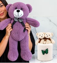 Büyük Boy Mor Peluş Ayıcık ve Peluş Saksıda Ayıcık Buketi Sevgiliye Kadına Arkadaşa Hediye