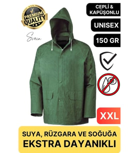 Premium Yeşil Xxl 150 gr Kapüşonlu Cepli Yağmurluk Su Rüzgar Soğuk Geçirmez Unisex Çıtçıtlı Pardösü