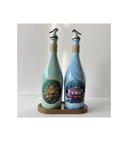 Özel Tasarım Lotus Çiçeği Desenli Sunum Stantlı 2'li 750 ml Zeytinyağı Sıvıyağ Şişesi Yağdanlık (Çok Renkli)
