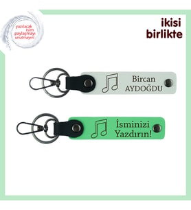 Müzikal Duygulara Özel Armağan, İsimli Deri Anahtarlık Seti, Adınızı Yazdırın, Beyaz-Fıstık Yeşil