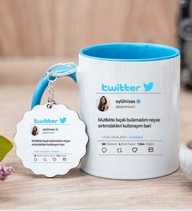 Kişiye Özel Twitter Tasarım Fotoğraflı Mavi Kupa Bardak ve Anahtarlık