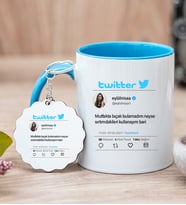 Kişiye Özel Twitter Tasarım Fotoğraflı Mavi Kupa Bardak ve Anahtarlık