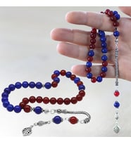925 Ayar Gümüş Püsküllü Küre Kesim Bordo Mavi Jade Doğaltaş Taraftar Tesbih